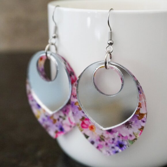 Layered Floral Acrylic Earrings – Mirrored Top Dangle Earrings – Statement - Picture 6 of 11
